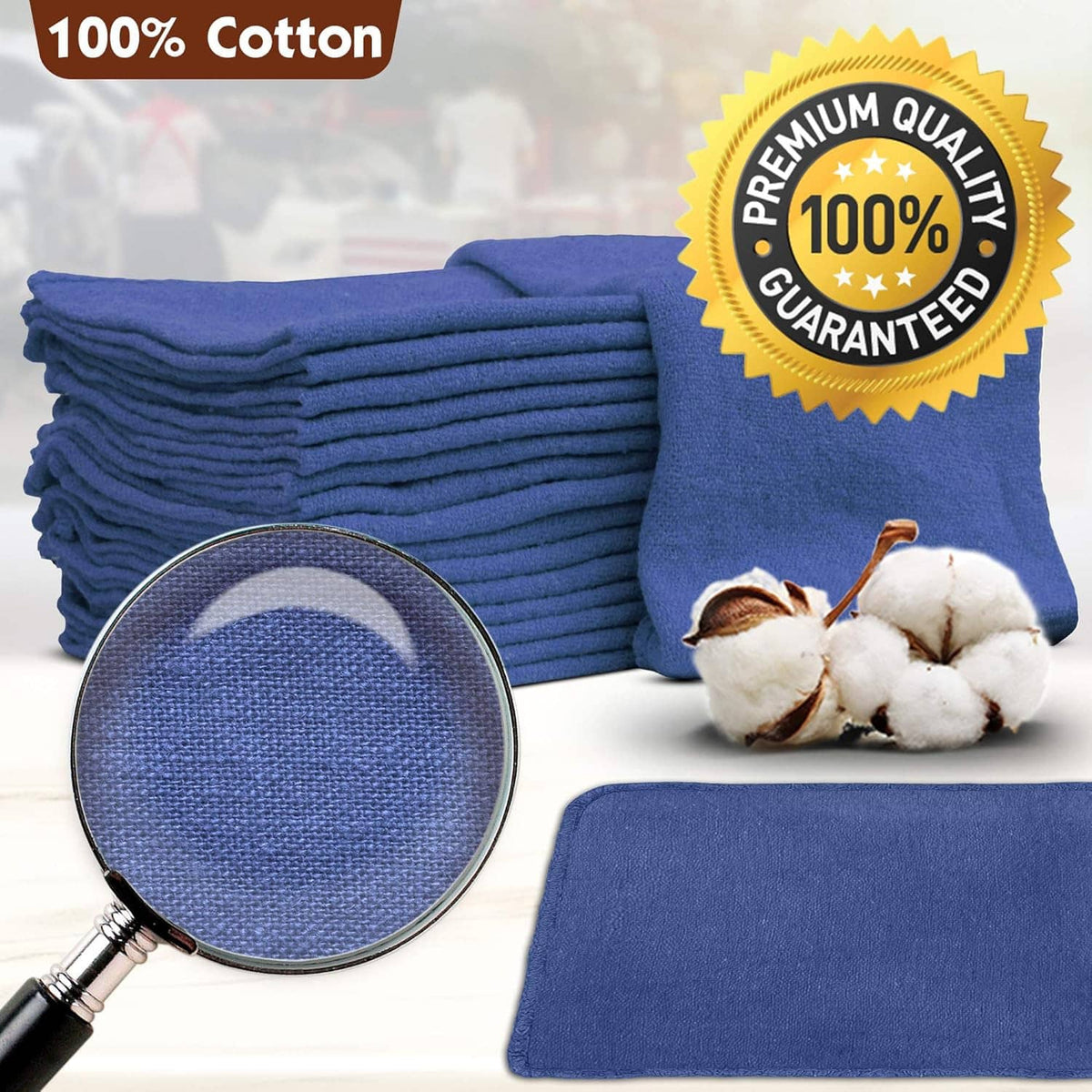 Blue 100% cotton shop towels stack with a premium quality badge and magnifier