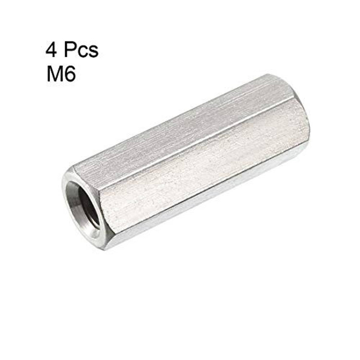 Stainless steel M6 hex coupling, 30mm long, 4-piece pack shown