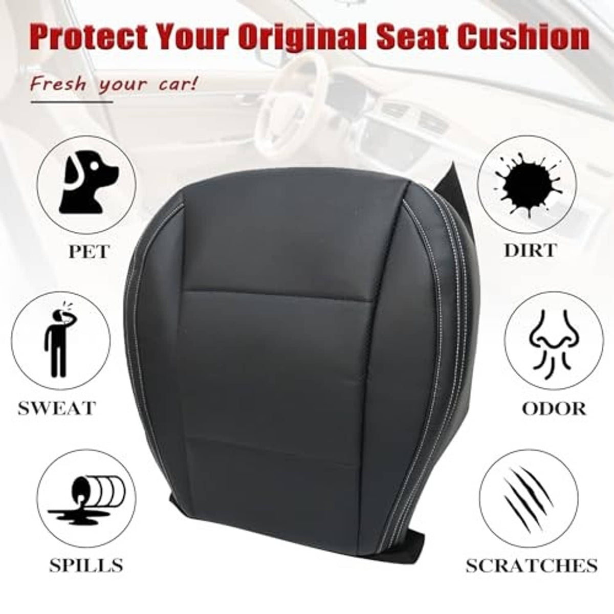 Black driver seat bottom replacement cover with smooth center panel and border stitching