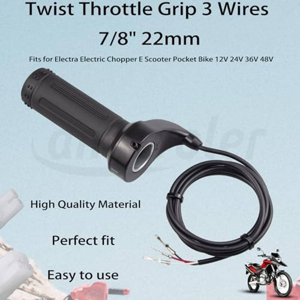 Black motorcycle twist throttle grip and 3-wire harness, 7/8 in 22 mm size