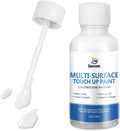 White multi-surface touch-up paint bottle with attached nozzle applicator and paint smears