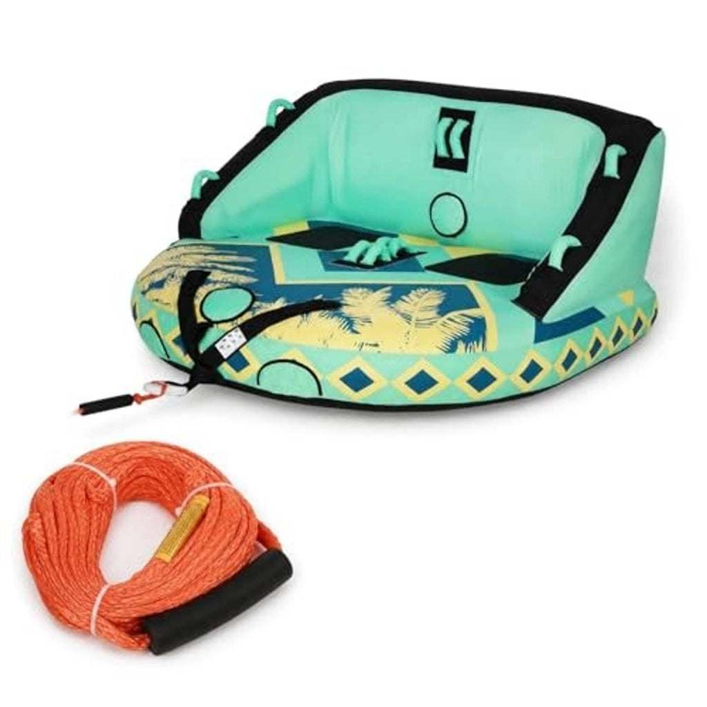 Green inflatable towable boat tube with black rim and included repair patches