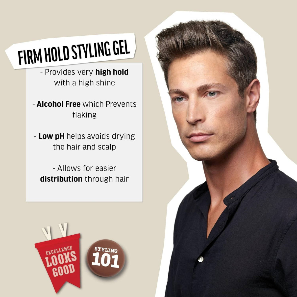Hair styling gel for firm hold, high shine, alcohol-free; non-flaking formula