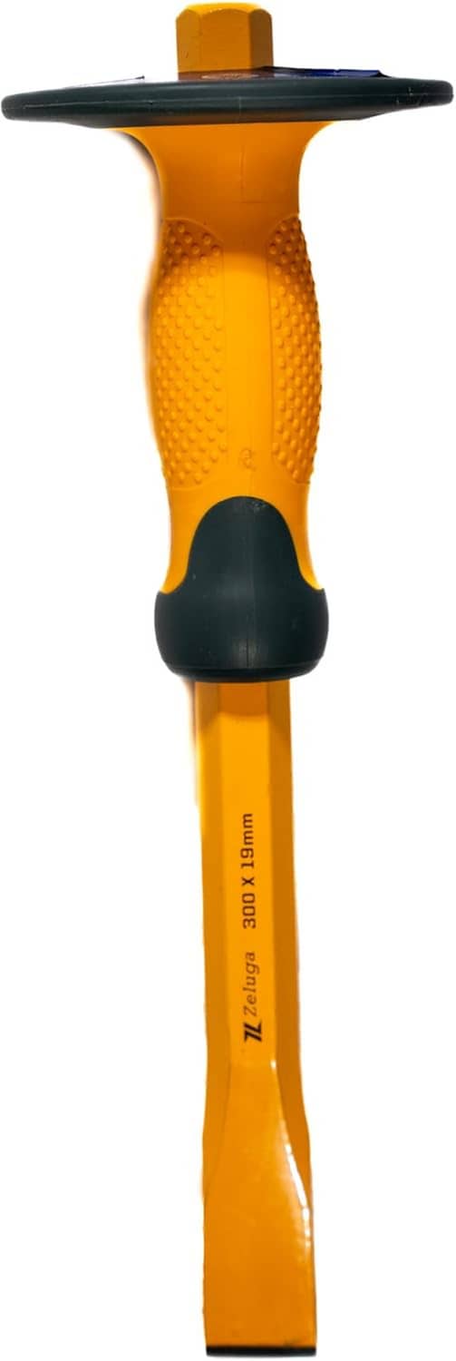 Hex flat masonry chisel, yellow and black handle with textured grip and cap
