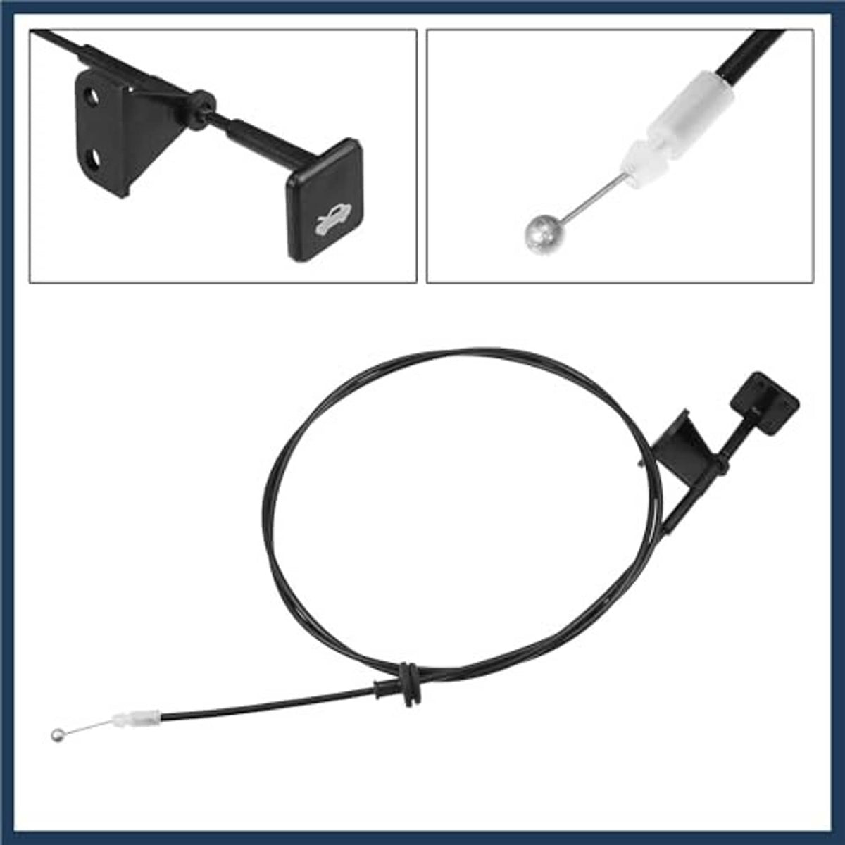 Engine hood release cable kit with black bracket, lever piece, and metal wire end