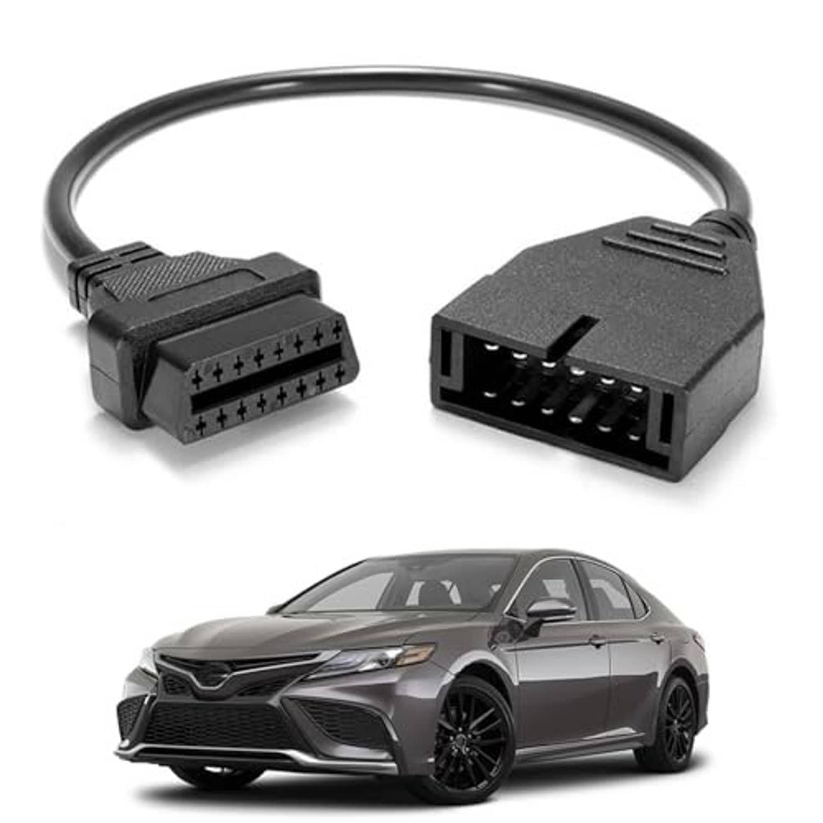 OBD1 to OBD2 adapter cable with two black OBD plugs connected by a cord