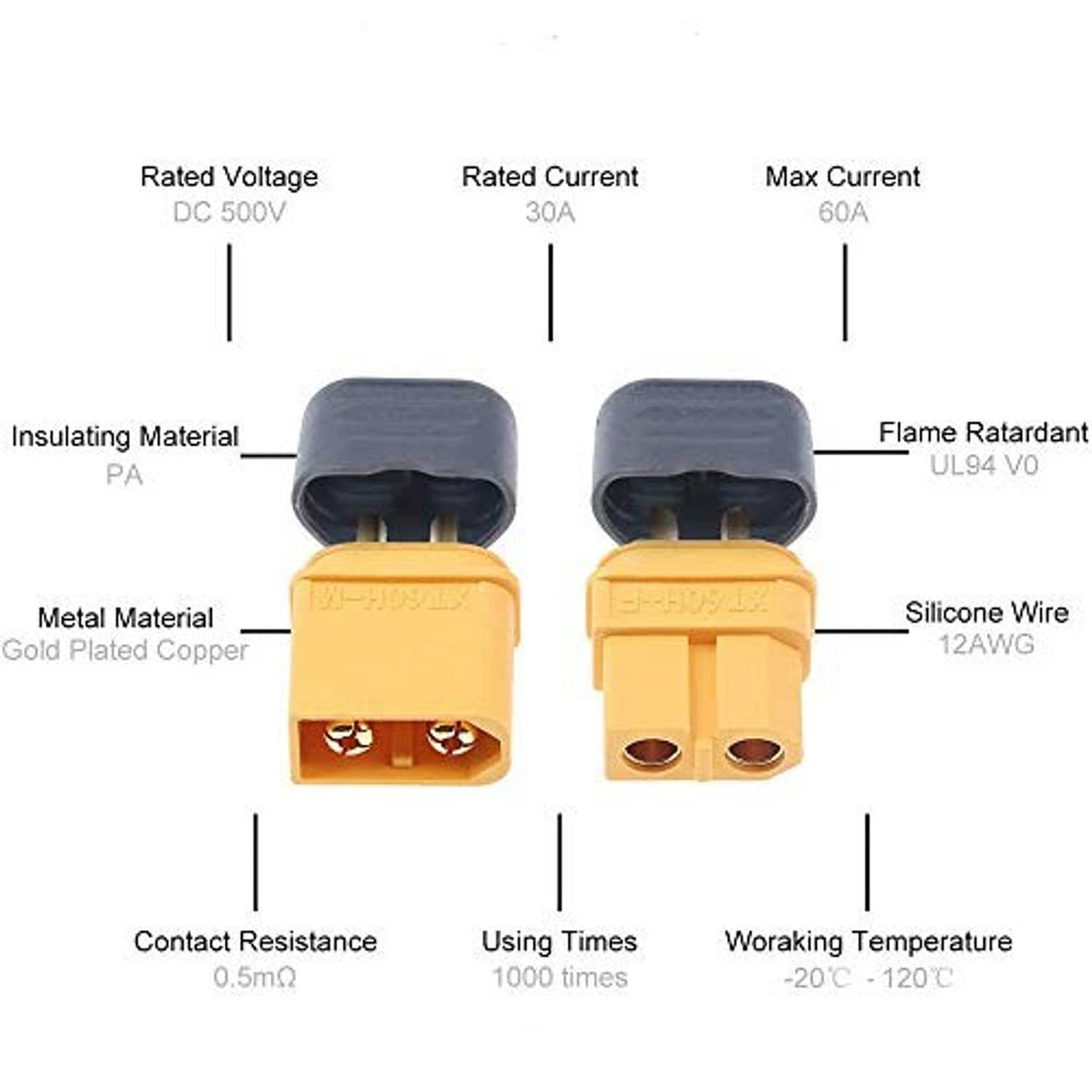 XT60-style bullet connectors with spec labels for voltage, current, and wiring