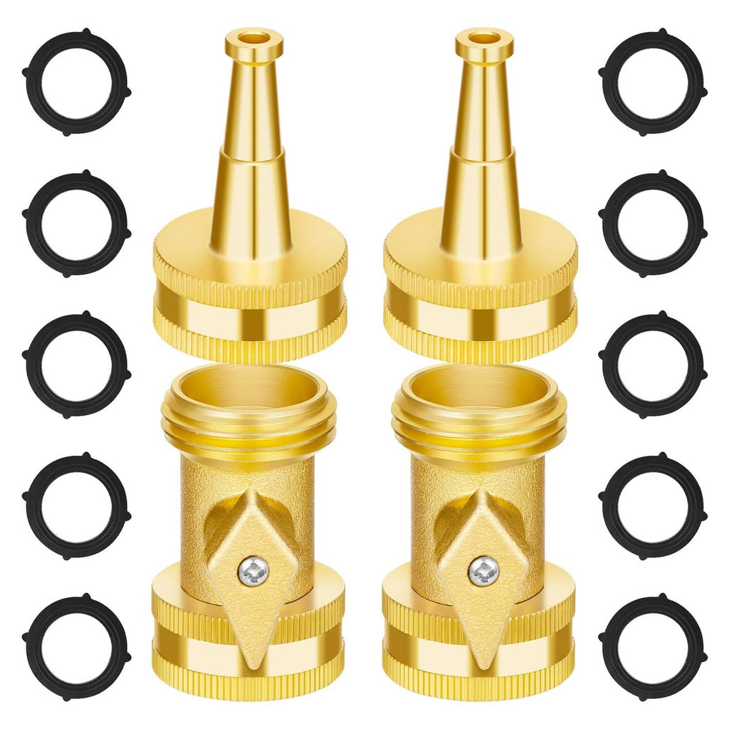 Brass garden hose nozzle set with high-pressure jet and shut-off valve, gold finish