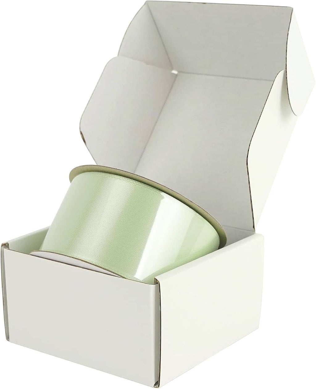 Seafoam green satin ribbon roll inside an open gift box package.