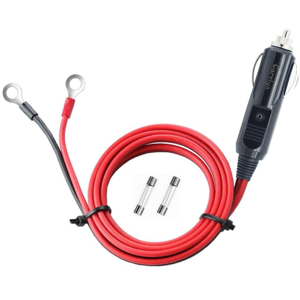 Car cigarette lighter adapter cable with red wiring and metal ring terminal ends