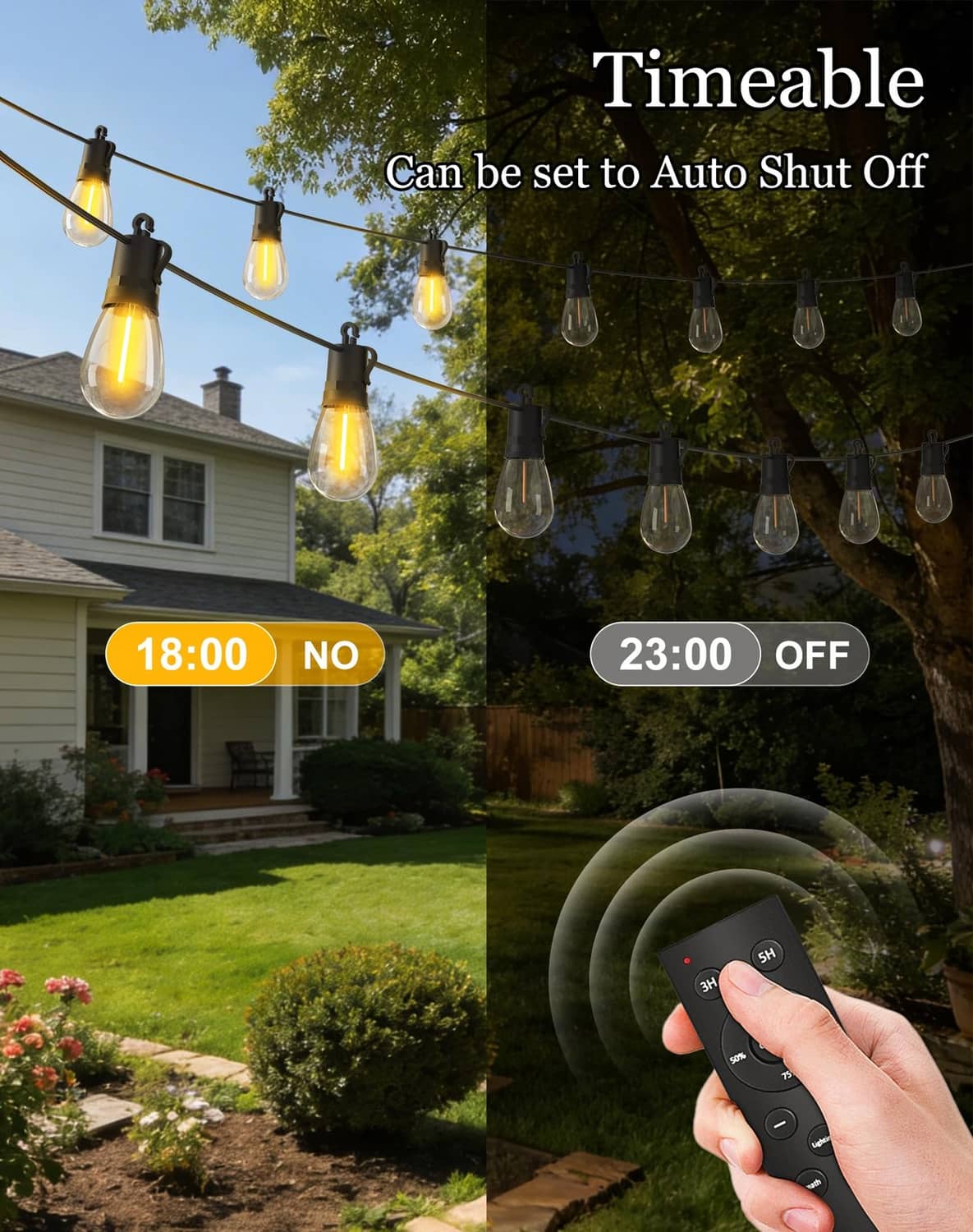 Solar string lights with remote timer control and auto shutoff settings