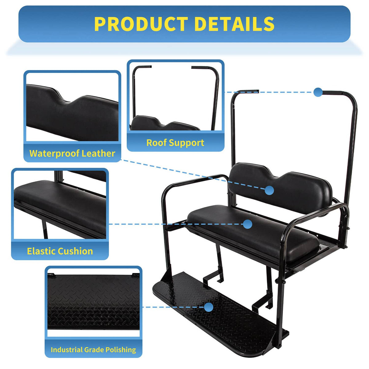 Black rear seat cushion pad with roof support, side rails, and textured base platform