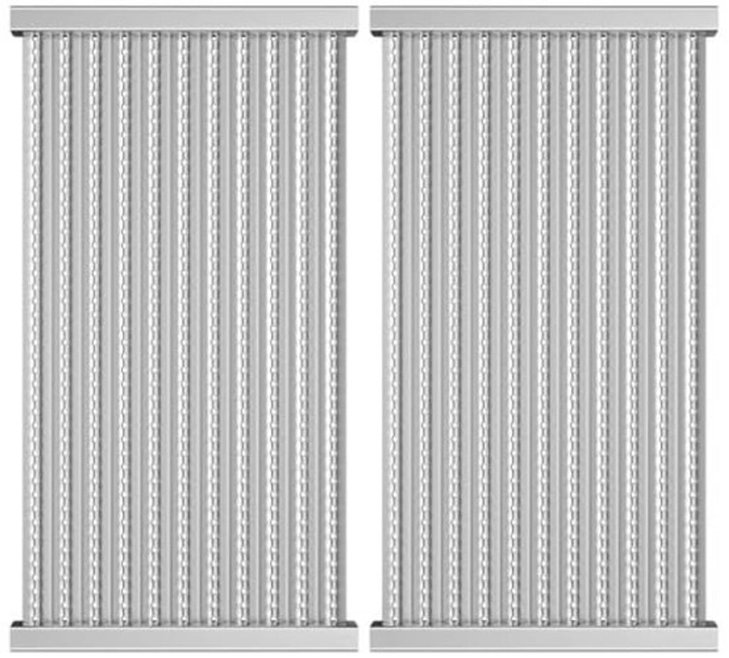 Infrared grill emitter grate panels with vertical ribs and end mounting rails, two-piece