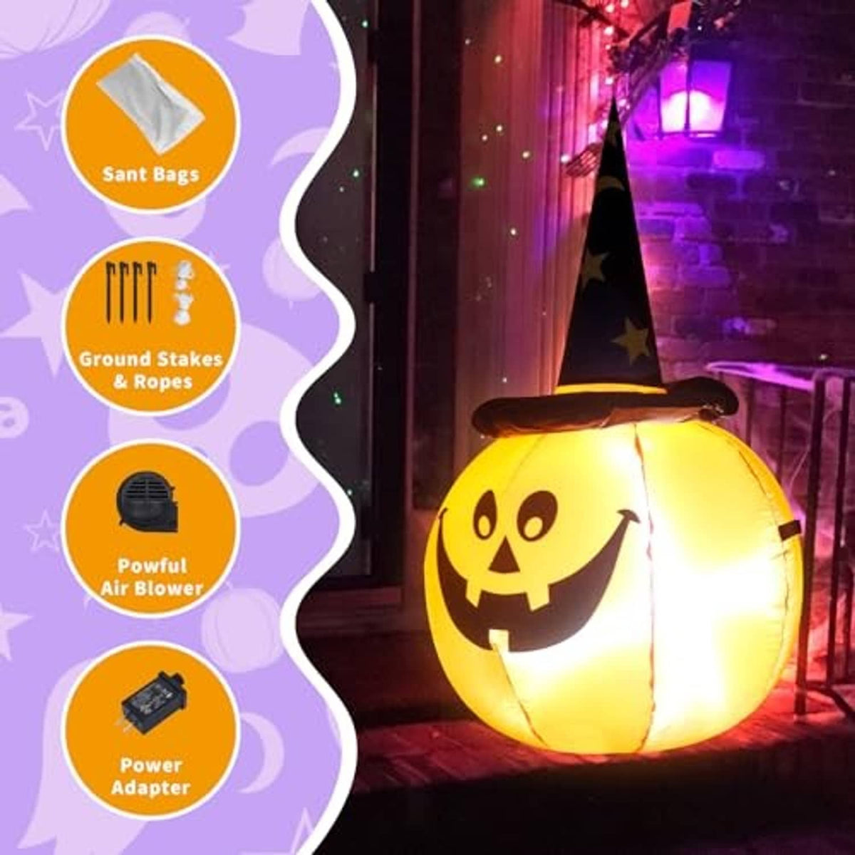 Inflatable orange pumpkin with lit jack-o'-lantern face and pointed witch hat