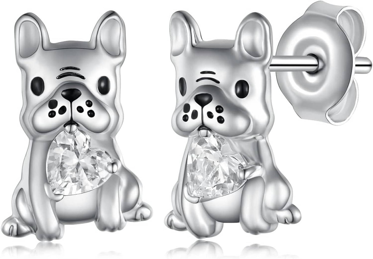 Sterling silver French bulldog earrings with crystal front and round post back