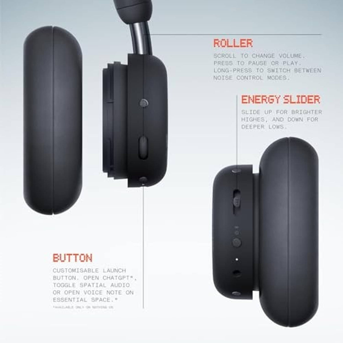 Dark gray wireless over-ear headphones, side view showing control buttons on ear cup