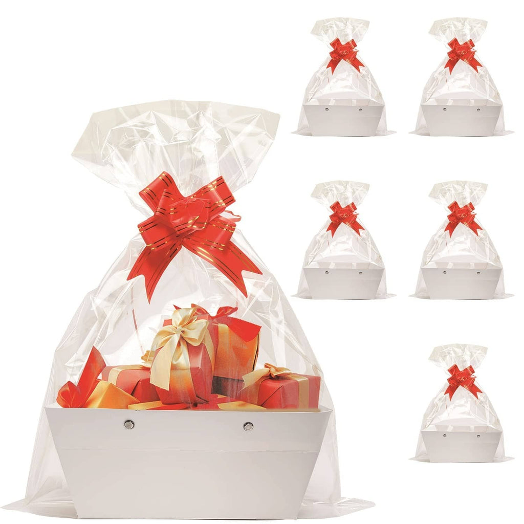 White gift basket with clear wrap, red bow, and ribbon-tied gift inside