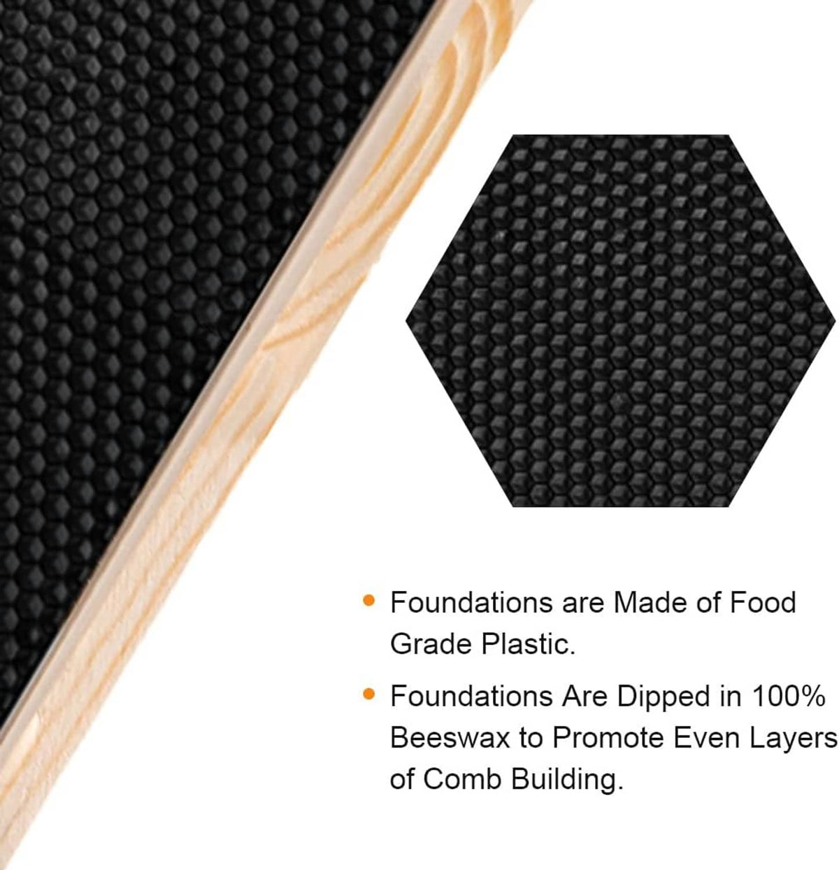 Dark honeycomb foundation sheet with hex pattern, beside light wood frame edge