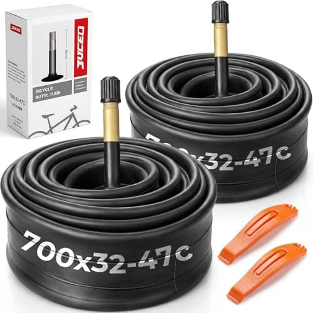 Two black bicycle inner tubes, 48mm Schrader valves, and two orange tire levers
