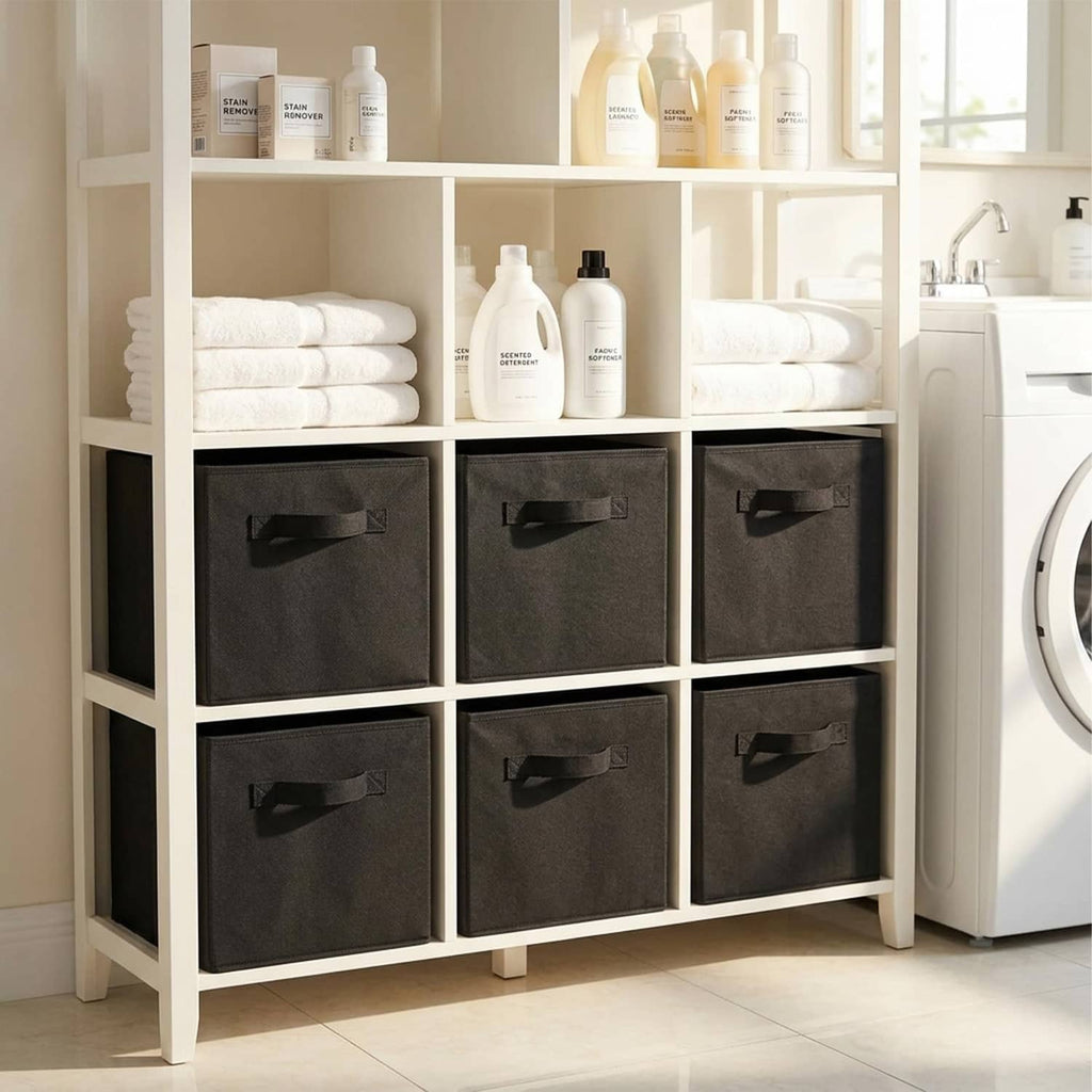 Two black fabric storage cubes with stitched front handles