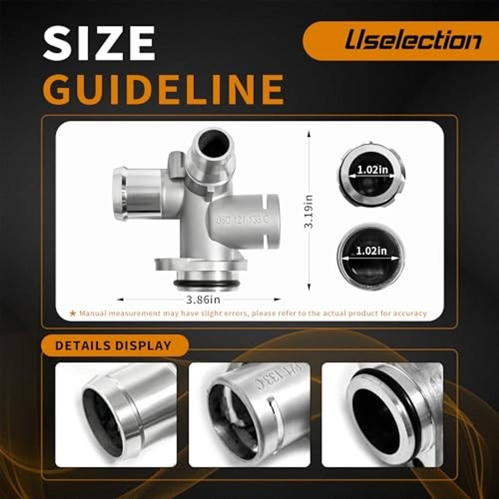 Aluminum coolant hose connector size guide view with port openings and measurements