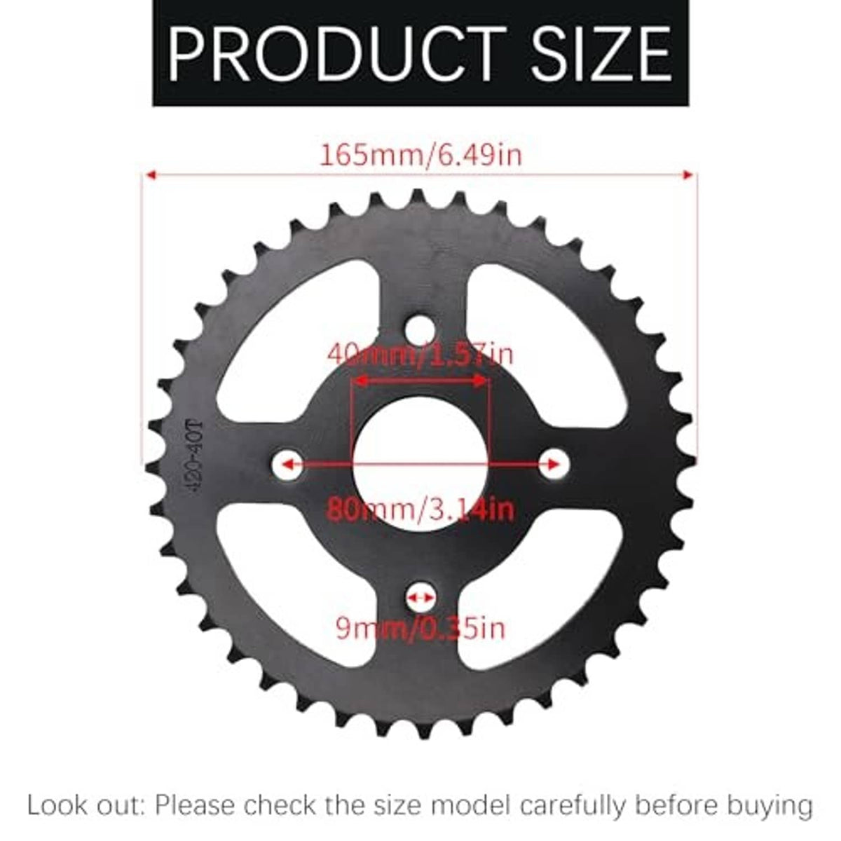 Black 40T 420 chain sprocket size diagram with 40mm bore
