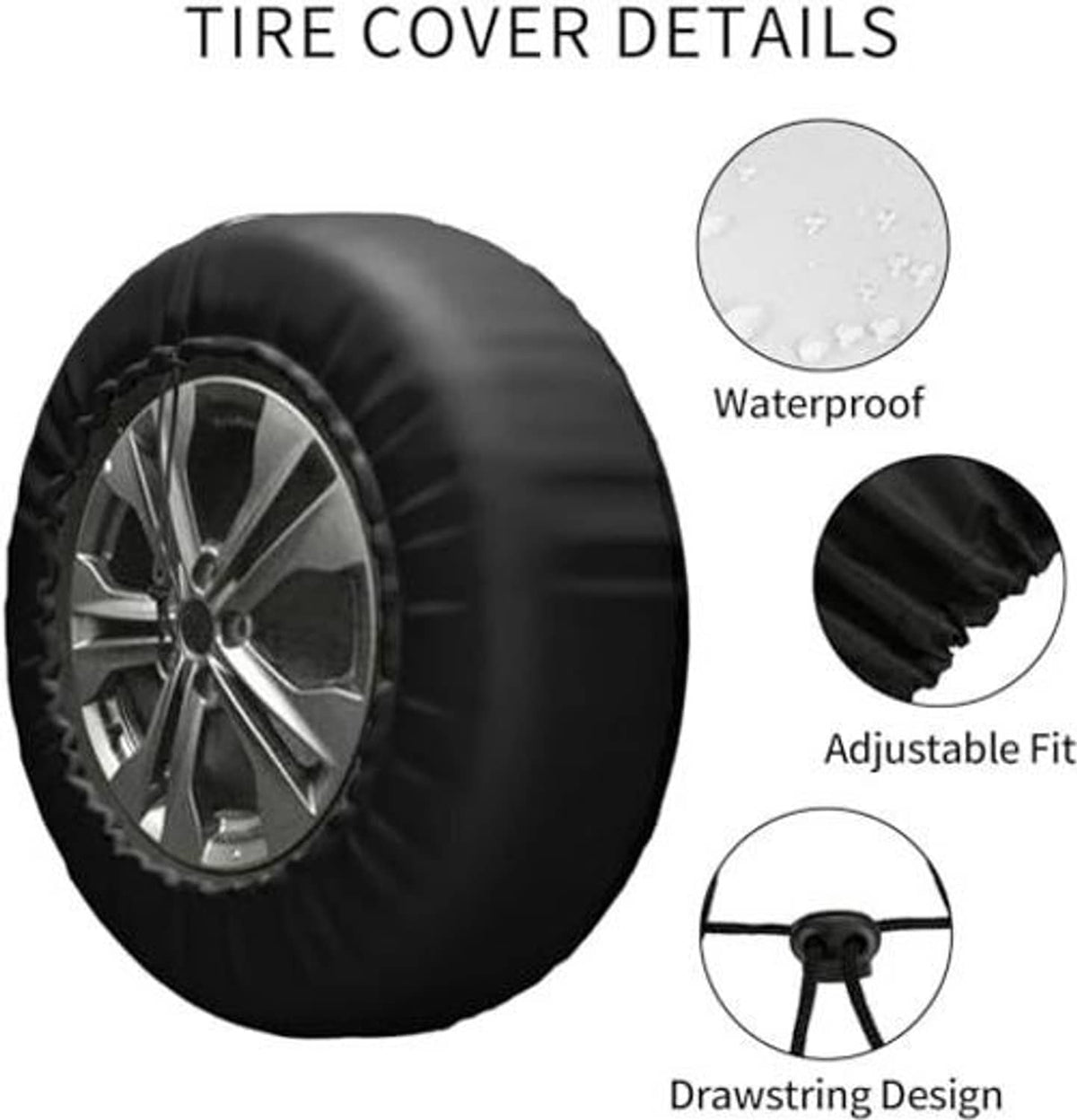 Black spare tire cover details: wheel cover with drawstring and waterproof design