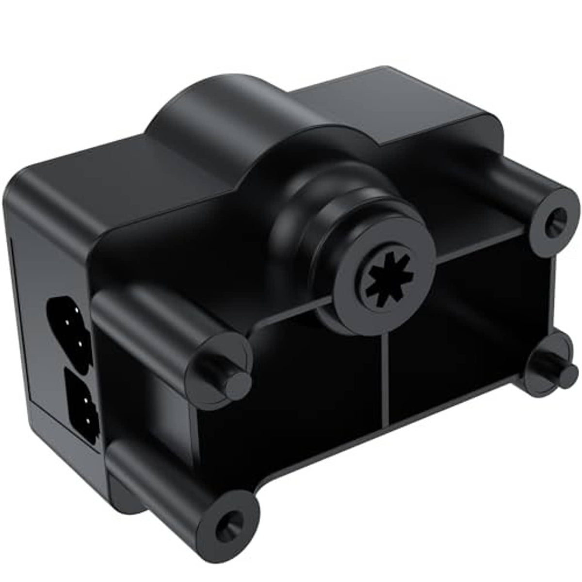 Golf cart throttle potentiometer accelerator, close-up side view with black shaft and terminals