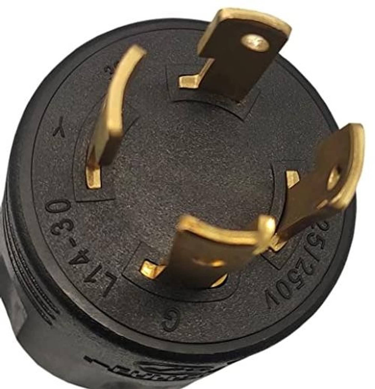 NEMA locking plug face with black housing and exposed brass prongs