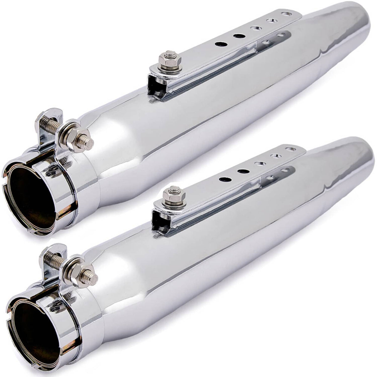 Pair of chrome slip-on exhaust mufflers with top heat shield and mounting holes
