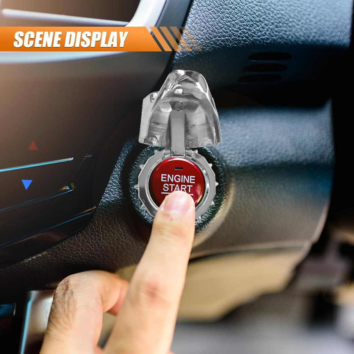 Silver push-start button cover with bulldog face design and red engine start button
