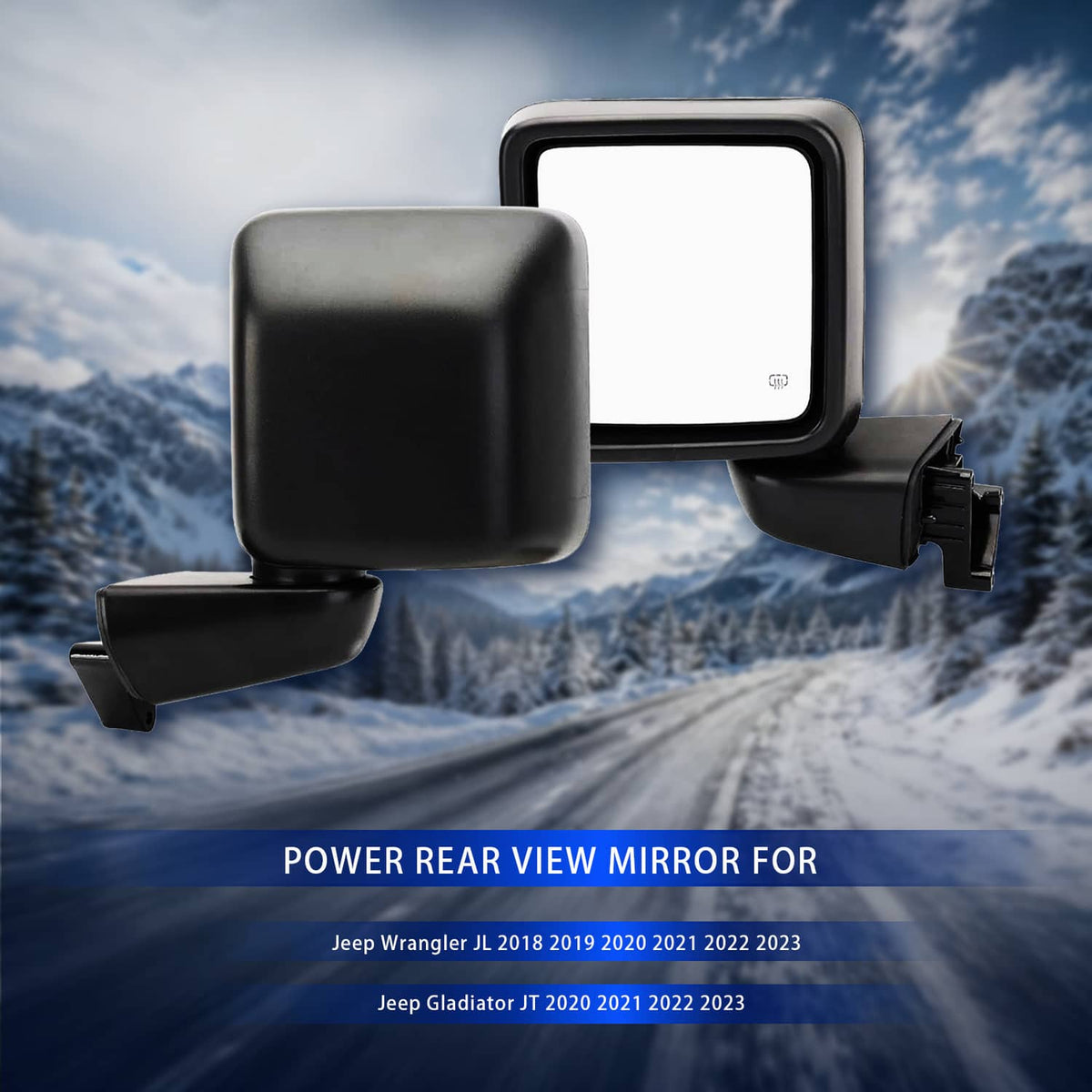 Black side mirror pair with power heated glass and angled housing, left-side view