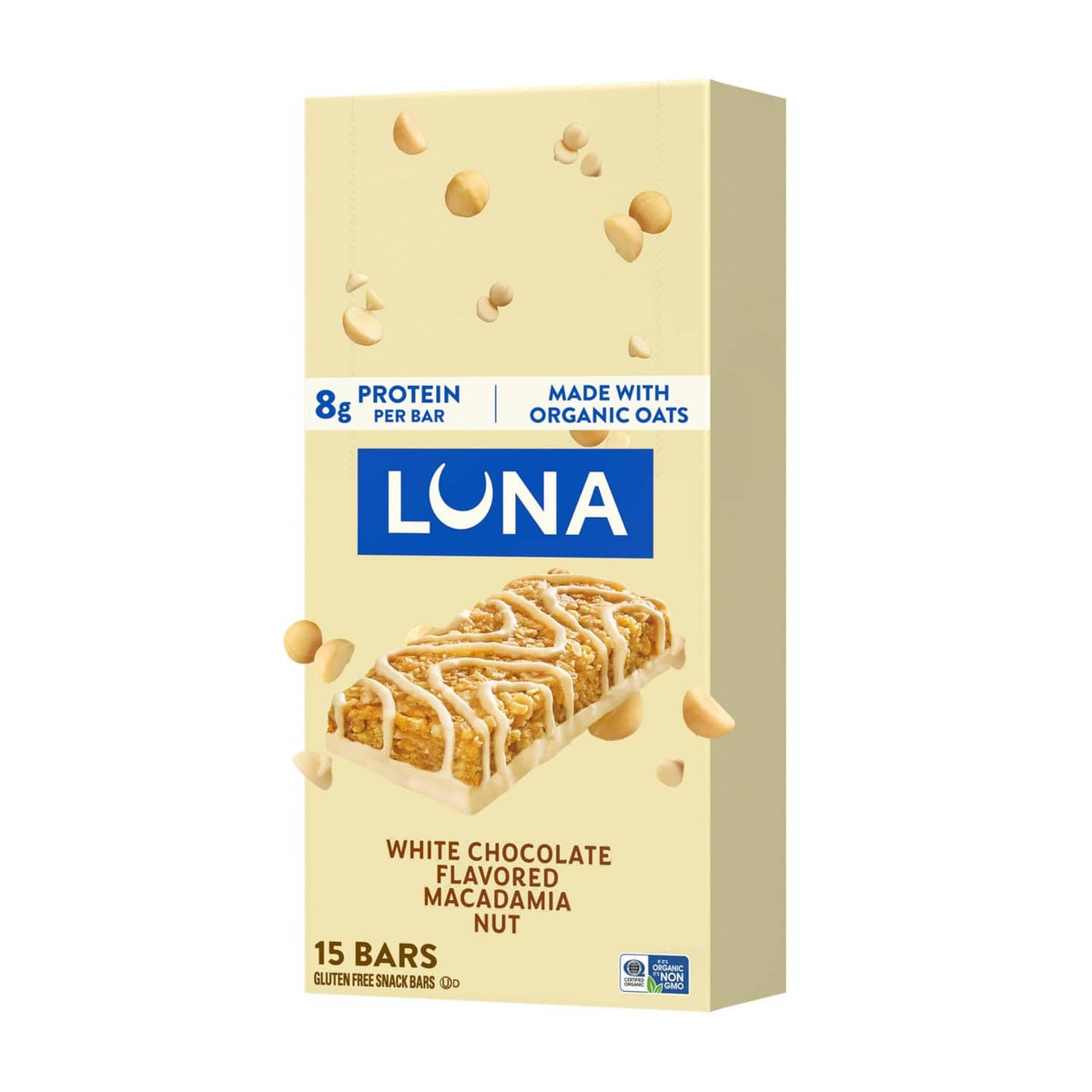 LUNA protein snack bar box, white chocolate macadamia