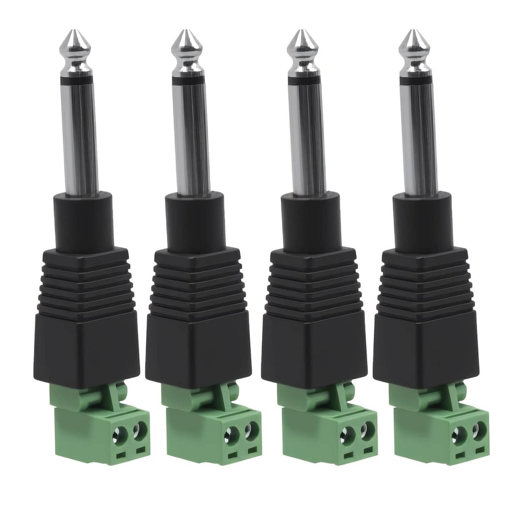 Set of four 6.35mm mono audio jack plugs with green screw terminals