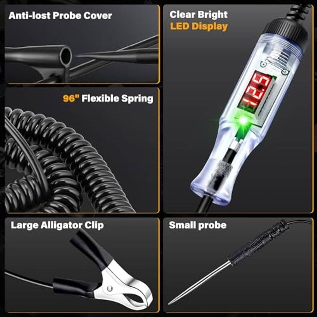 LED digital tester with flexible spring cord, alligator clips, and clear protective probe cover