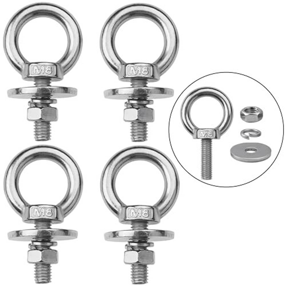 Stainless steel eye bolts with nuts, M8 size, shown with washers and threads