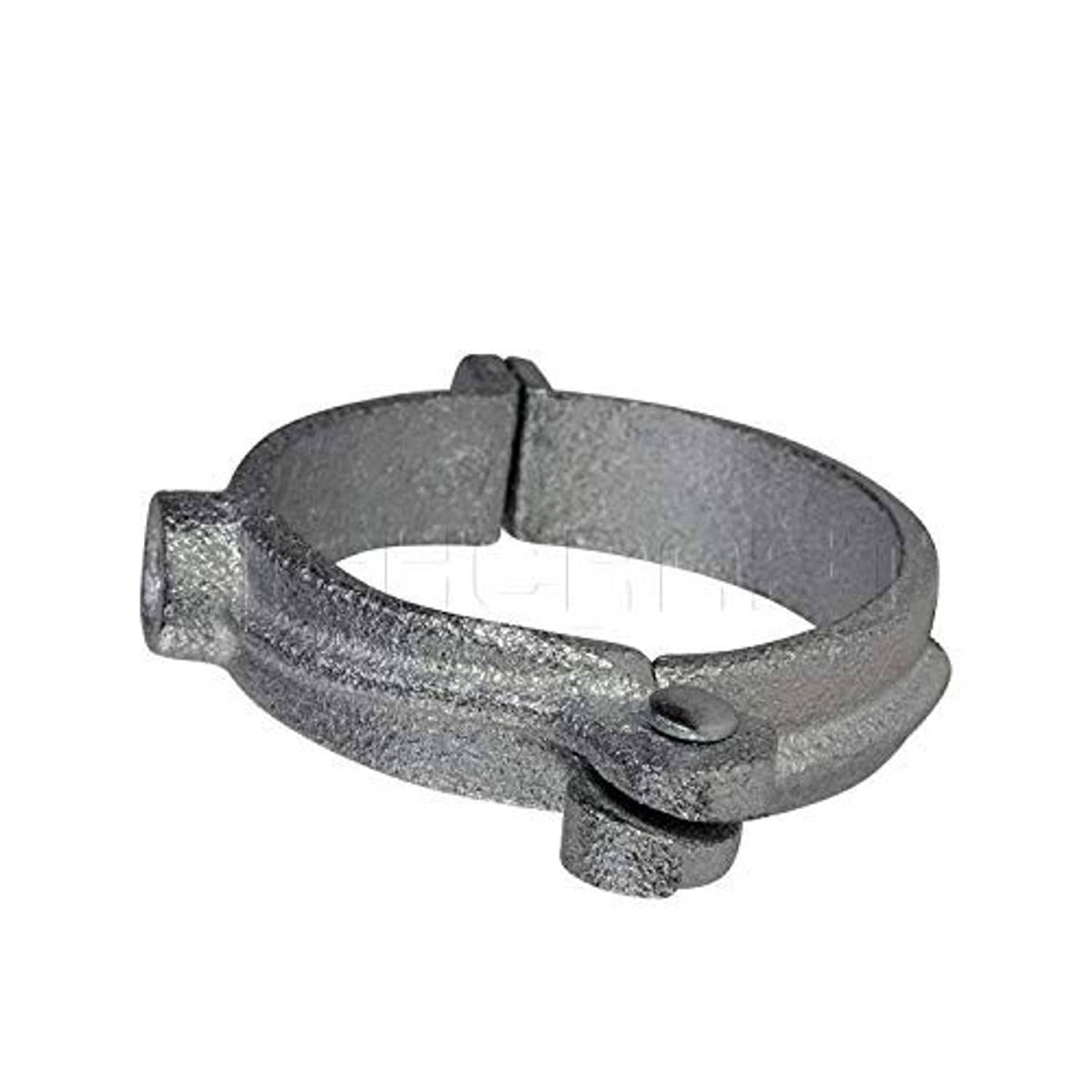 Gray hinged split ring pipe hanger, open loop with pivot and latch