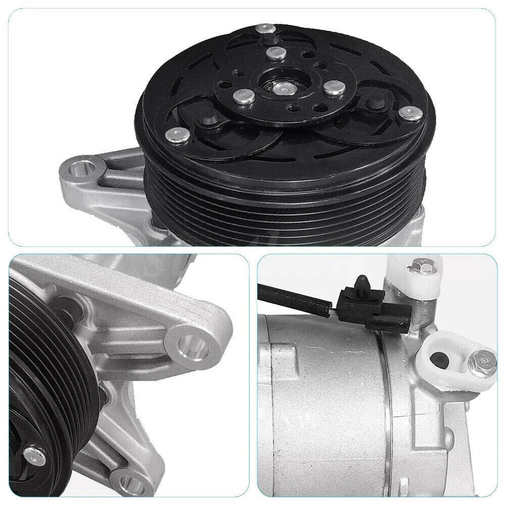A/C compressor pulley close-up with silver housing and mounting bracket details