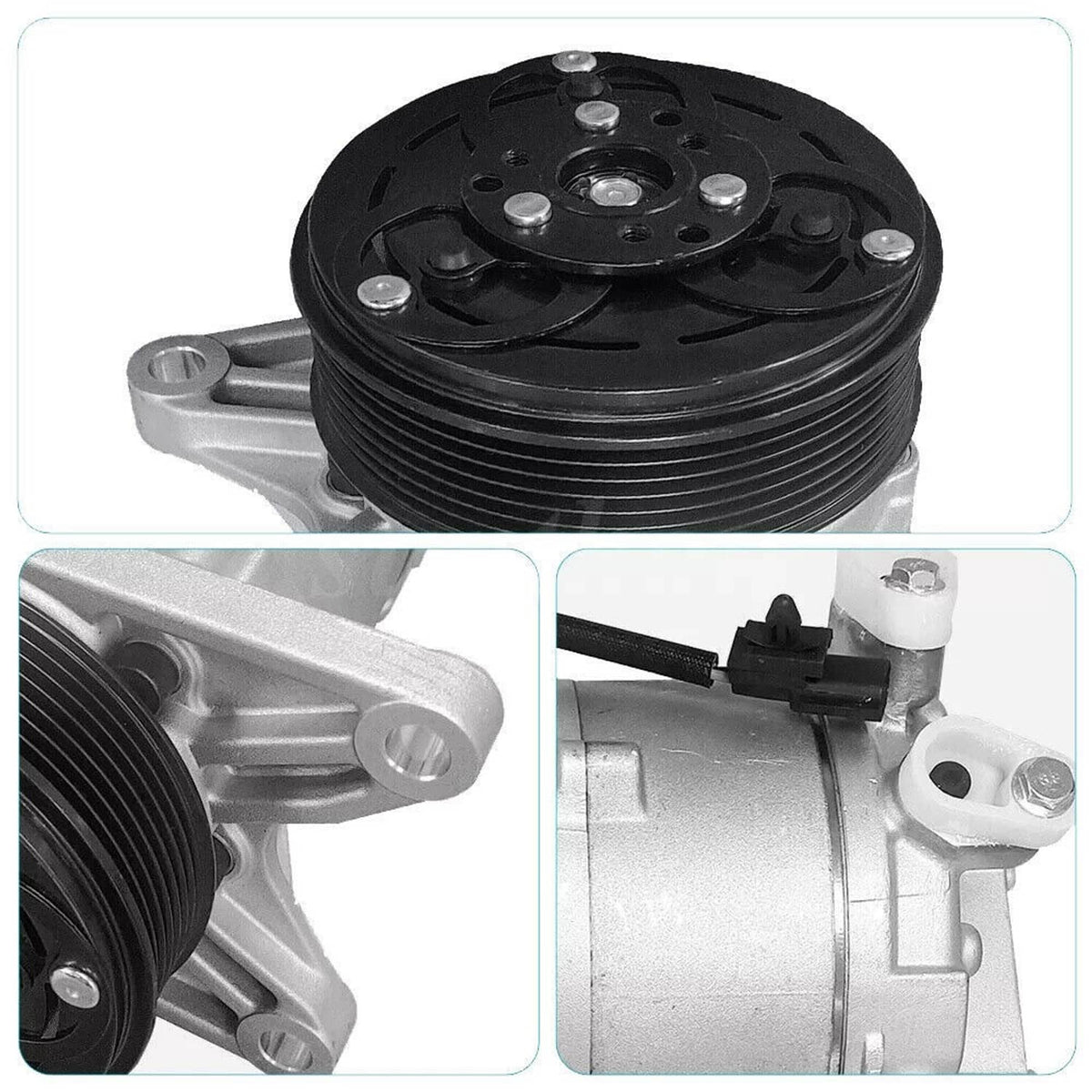 A/C compressor pulley close-up with silver housing and mounting bracket details