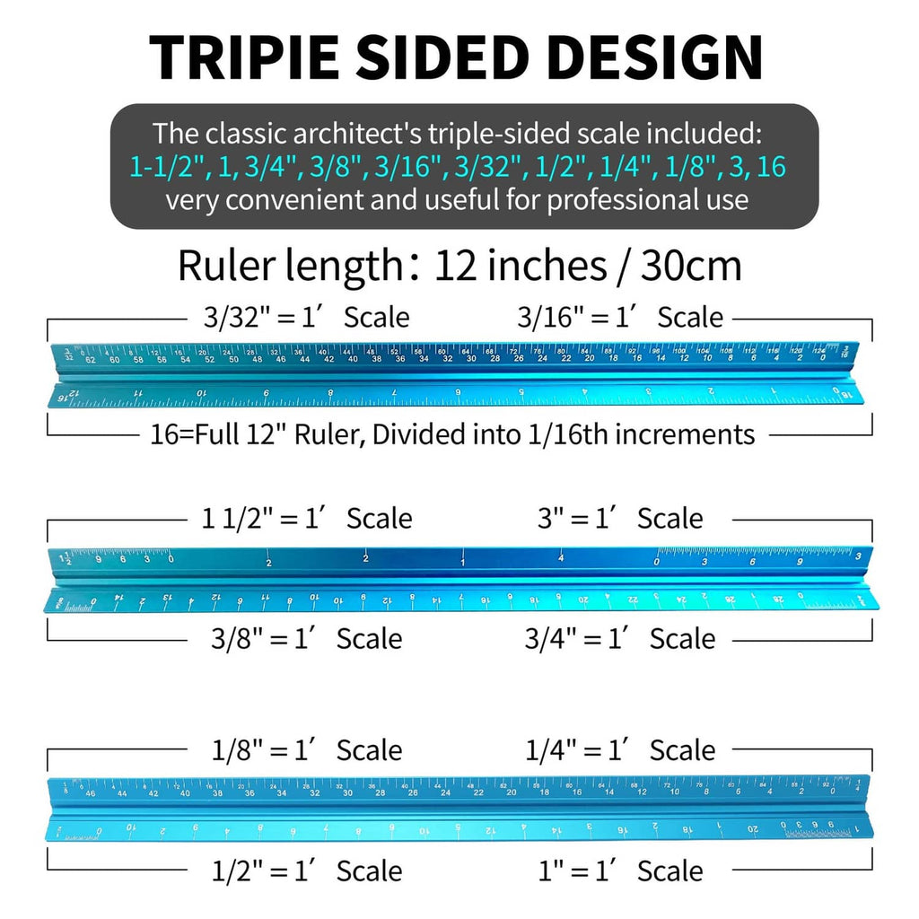 Triangular triple-sided architect scale ruler, 12 in, multiple imperial scales