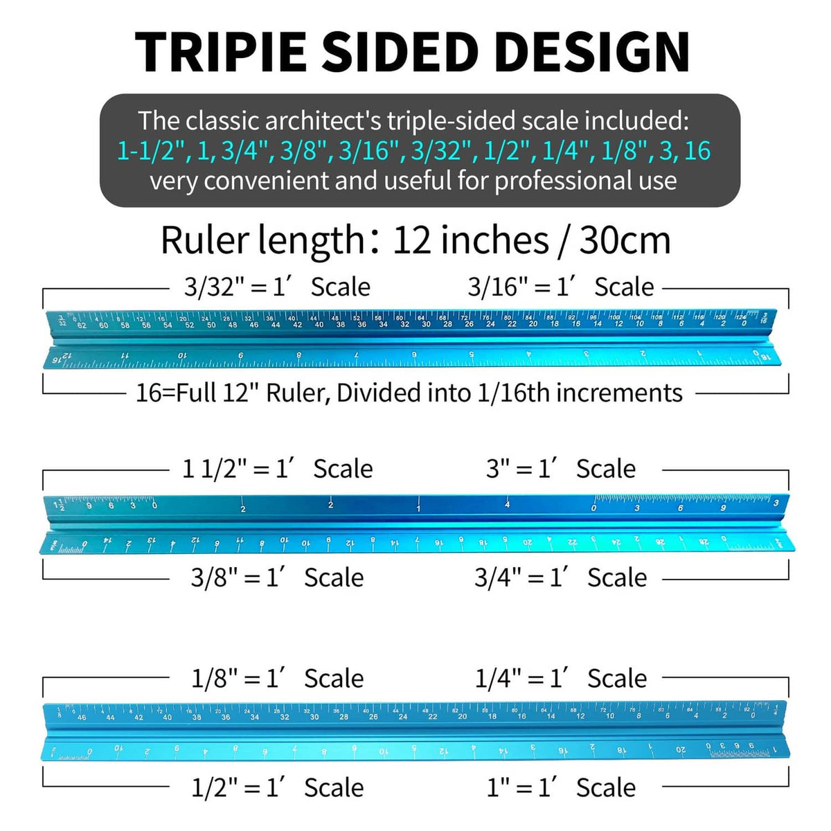 Triangular triple-sided architect scale ruler, 12 in, multiple imperial scales