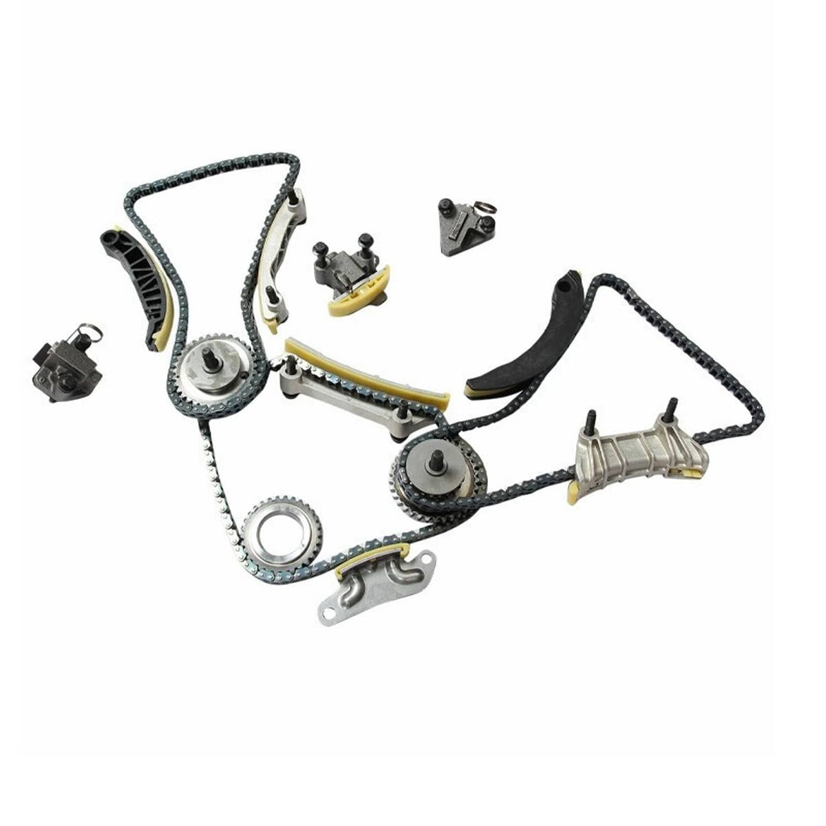 Complete timing chain kit with chains, guides, sprockets, and tensioner parts