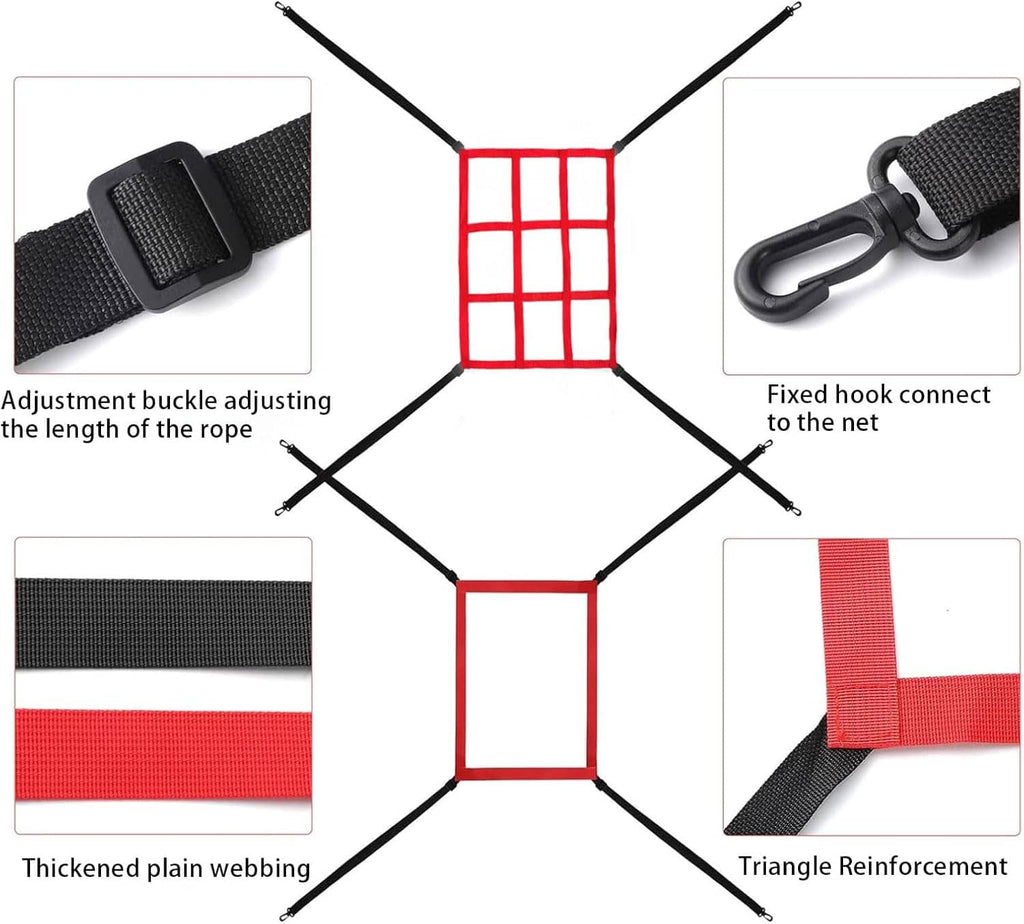 Baseball training net reinforcement with black webbing straps, red trim, and hook connections