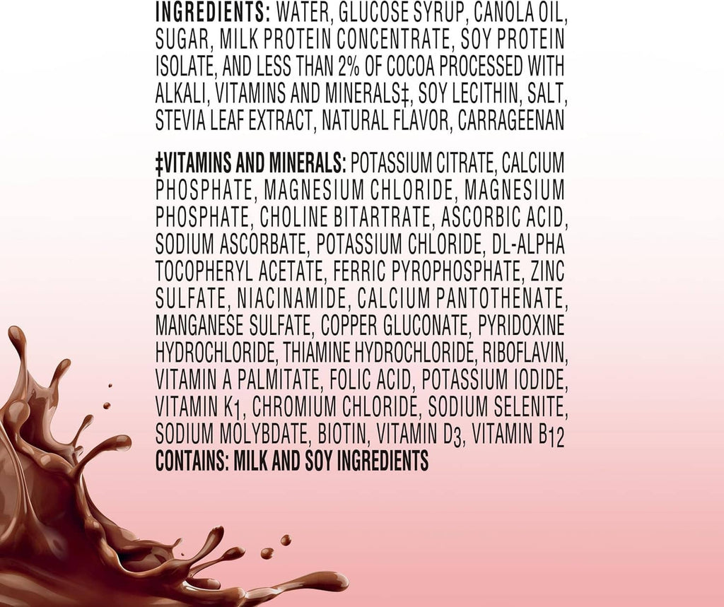 Ingredients list panel for rich chocolate nutritional drink with vitamins and minerals.