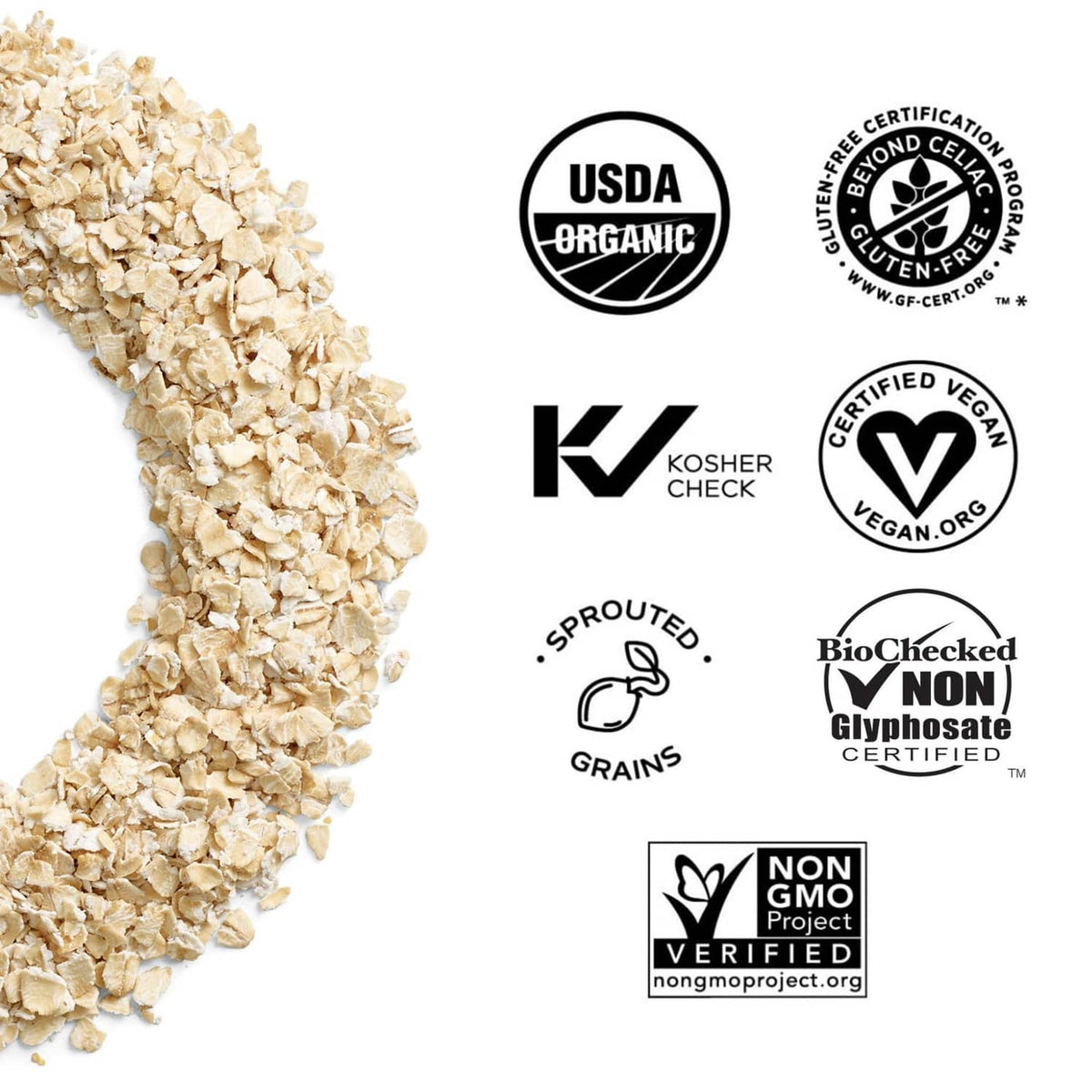 Sprouted quick oats grains and certification seals on a product label