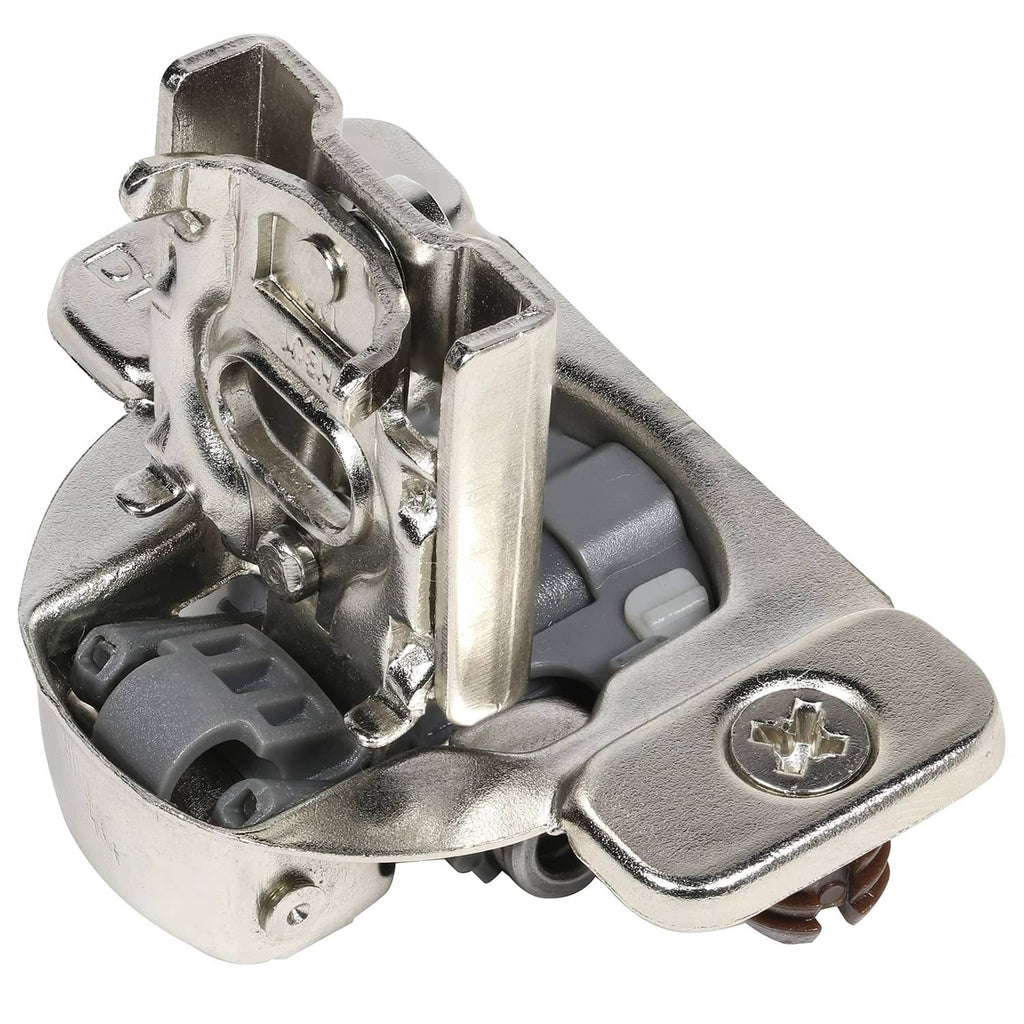 Silver cabinet hinge hardware with mounting plate, hinge arm, and grey adjustment posts.