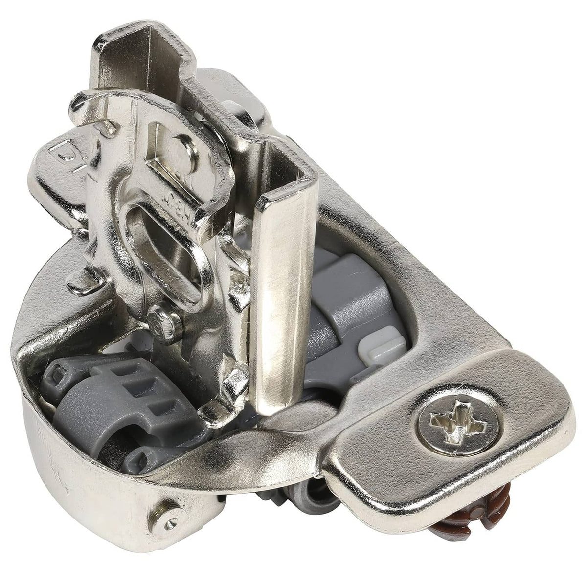 Silver cabinet hinge hardware with mounting plate, hinge arm, and grey adjustment posts.