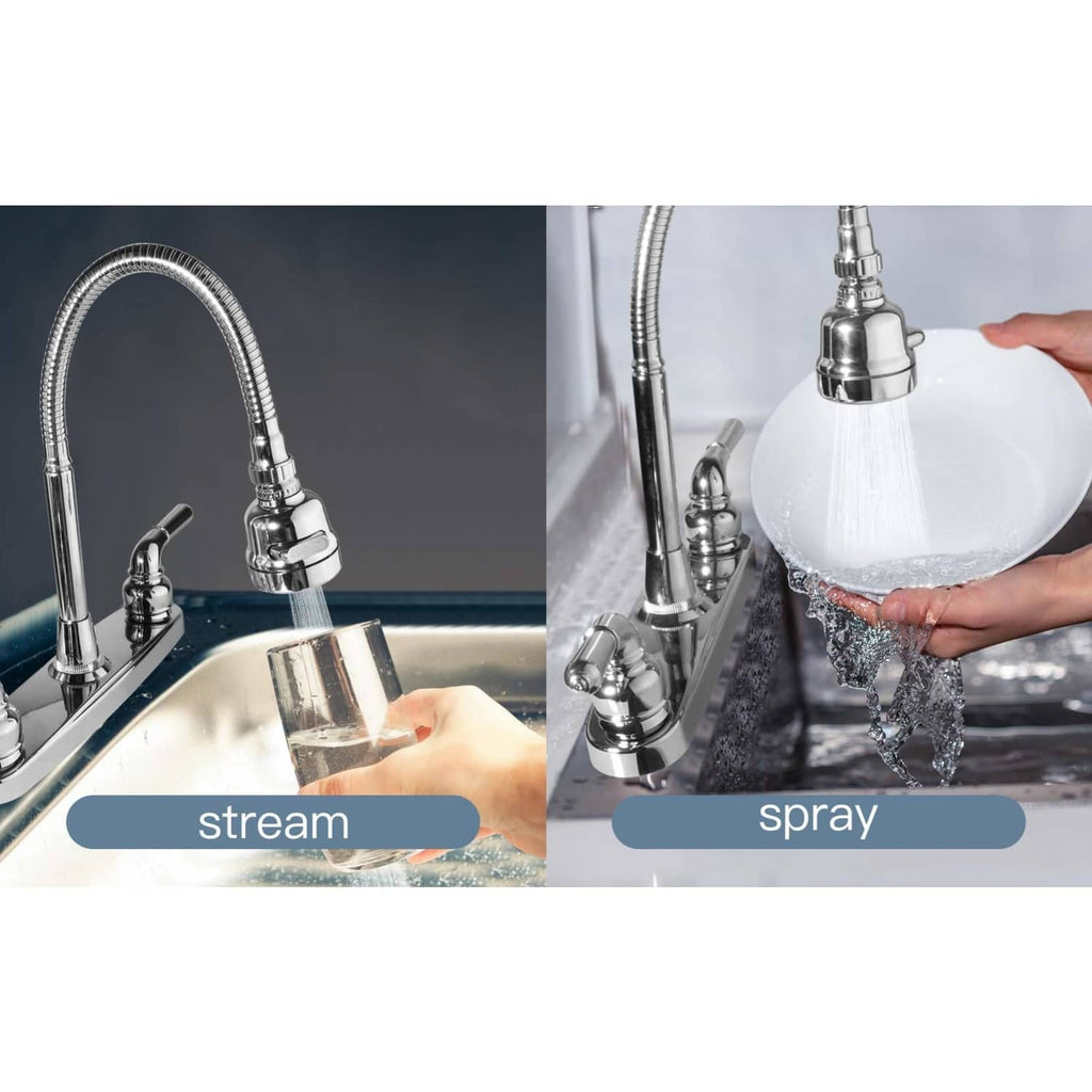Chrome kitchen faucet with handheld sprayer head and arched spout, two controls