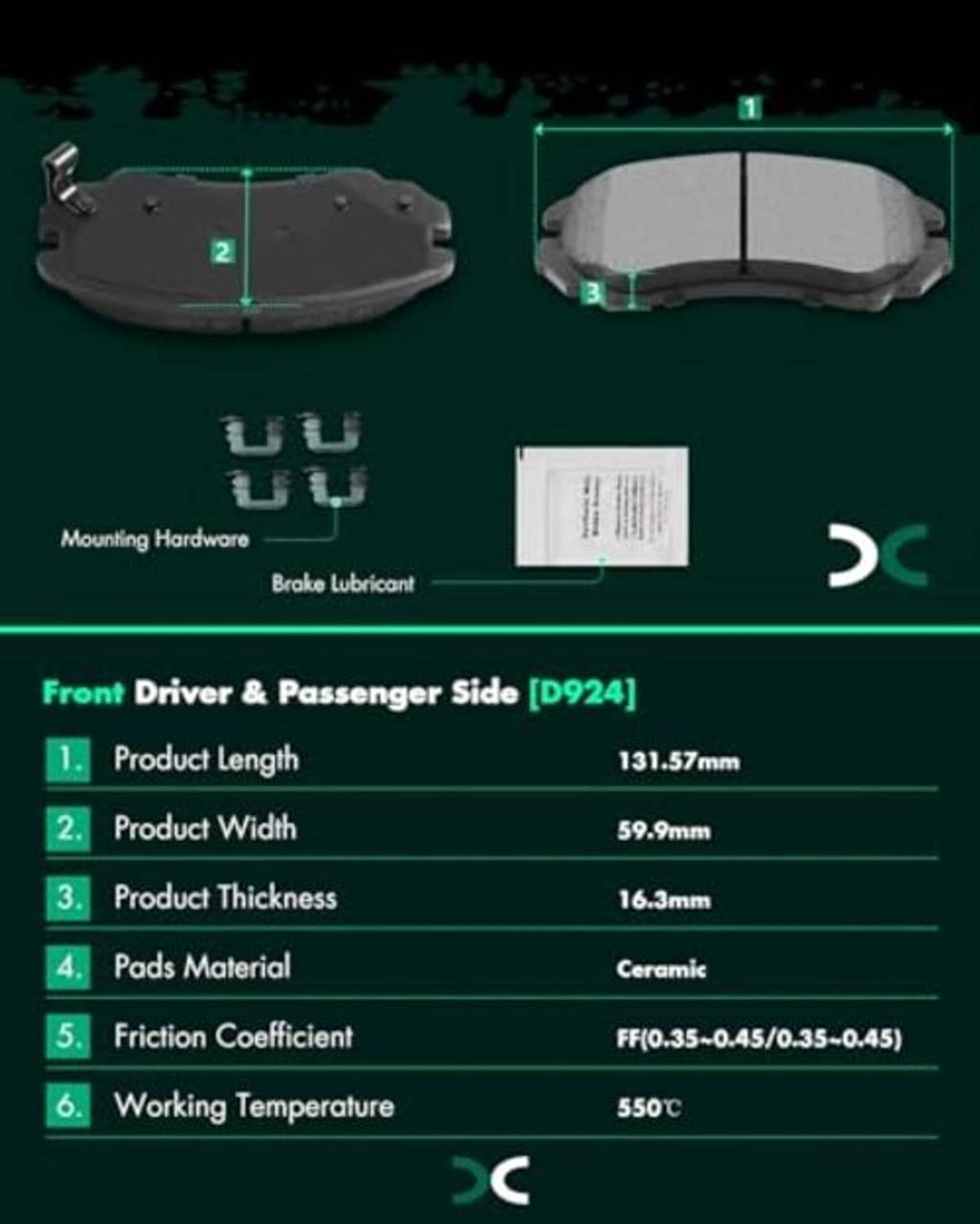 Gray ceramic front brake pad diagram with mounting area and hardware
