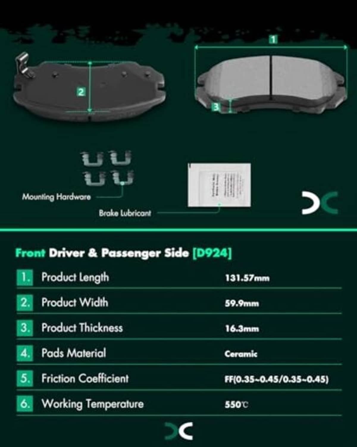 Gray ceramic front brake pad diagram with mounting area and hardware